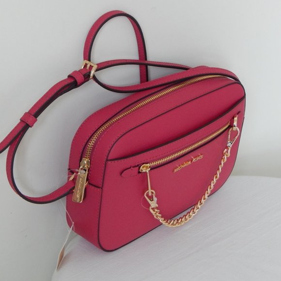 NWT Michael Kors Jet Set Item Leather LG EW Zip Chain Carmine Pink XBody Bag - Picture 5 of 14